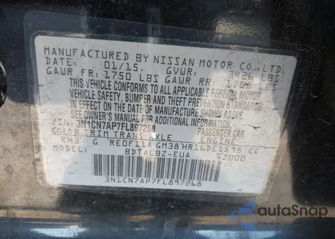 2015 Nissan Versa 1.6 Sv z USA, uszkodzony, nr VIN 3N1CN7AP7FL897268